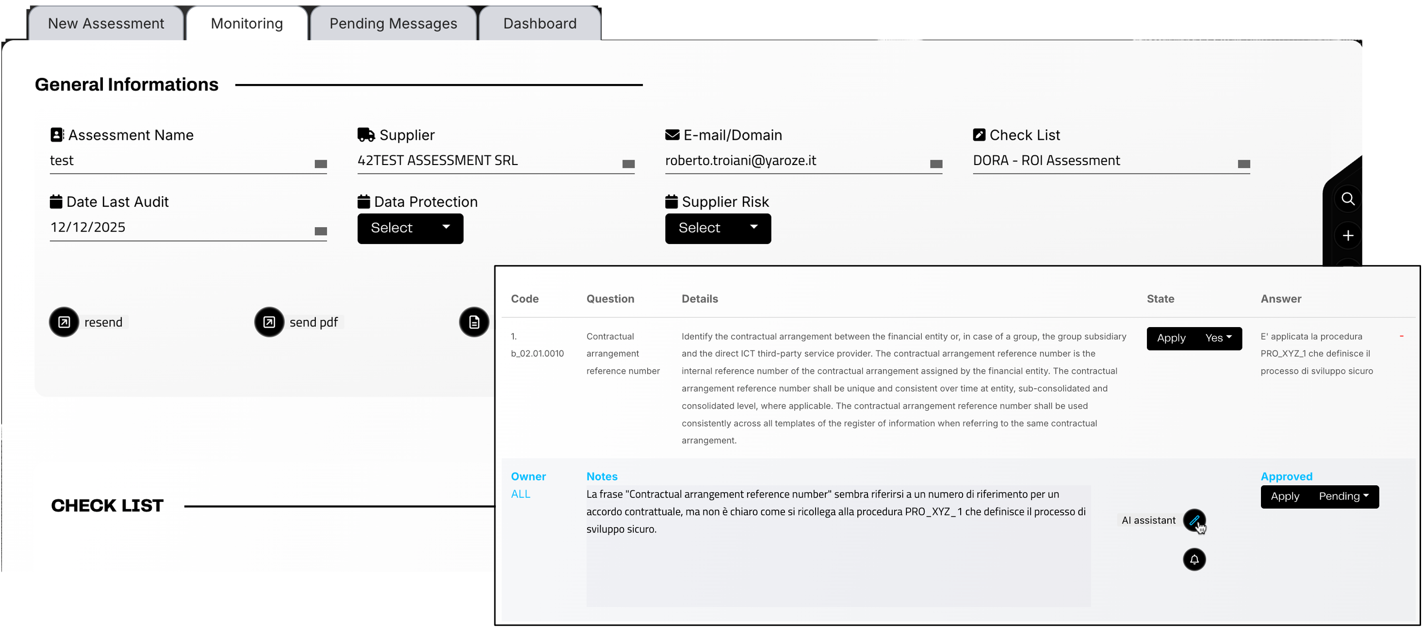 Interfaccia Third Party Risk con checklist DORA-ROI e note dell'AI assistant sulle risposte del fornitore